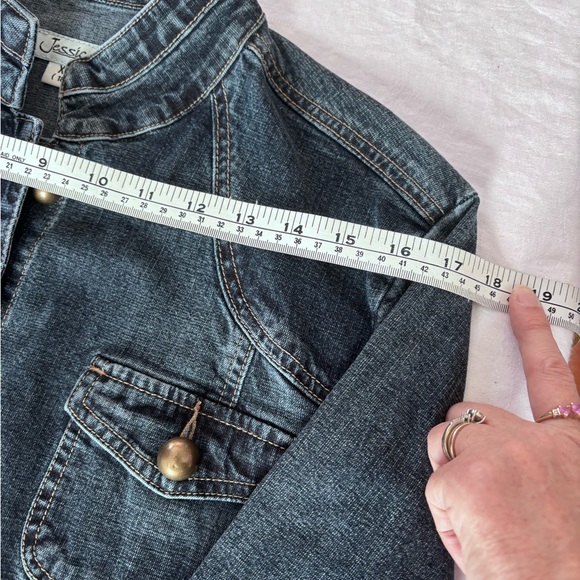 Women’s Vintage Jessica Mandarin Collar Military Style Brass Tone Buttons Denim - Picture 7 of 15